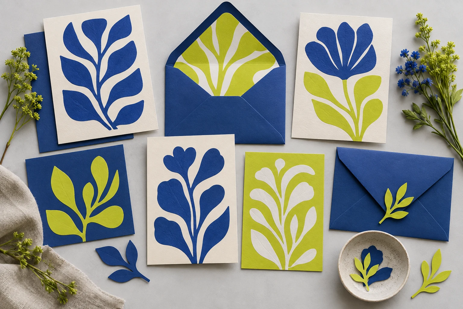 Concept preview of cobalt blue and lime green botanical stationery
